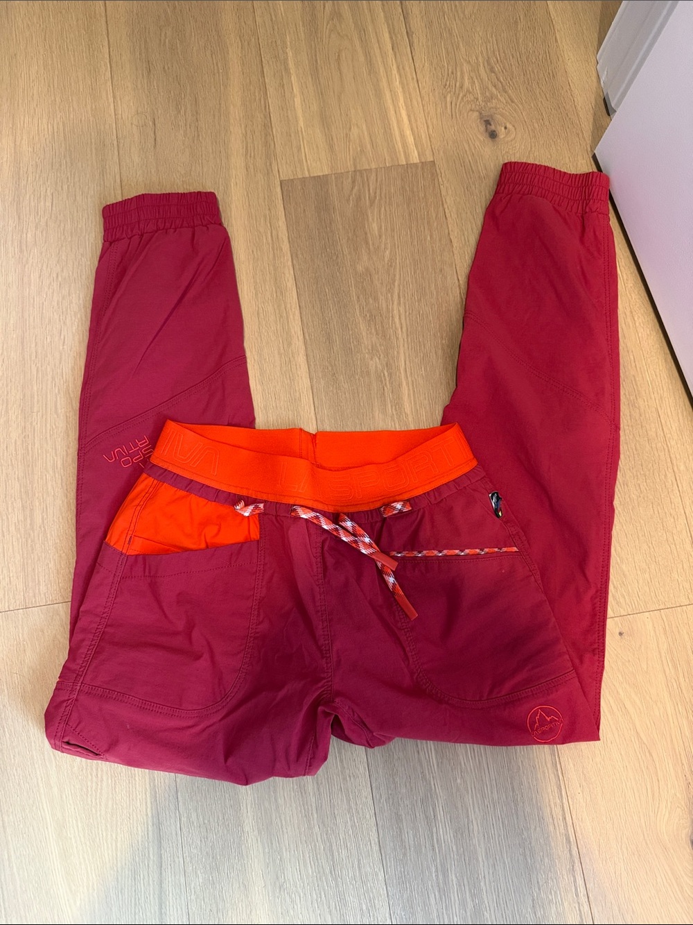 La Sportiva women’s Red Joggers with Orange Waistband